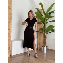 Bosel Kadın Kısa Kollu V Yaka Maxi Boy Elbise 124 cm
