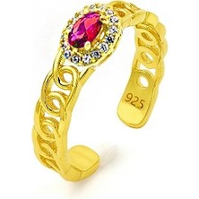 Brezza Lusso Jewelry 925 Ayar Zincir Işıltısı Kırmızı Taş Ayarlanabilir Kadın Yüzük