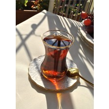 Qualitev 12 Parça Yaldızlı Cam Çay Takımı Porselen Çay Seti Çay Bardağı - Pera 6 Kişilik