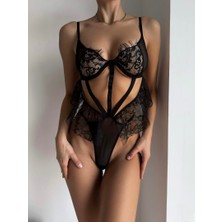 Lizabel Siyah Tek Parça Dantel Tasarım Bodysuit, Iç Çamaşır, Babydoll