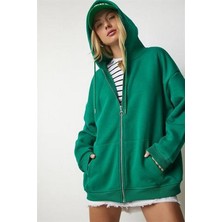 Busem Kadın Kapüşonlu Üç Iplik Owersize Fermuarlı Sweatshirt Koyu Yeşil