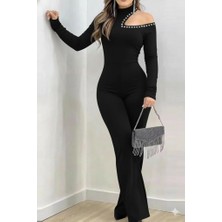 Kadın Tek Omuzdan Açık Balıkçı Yaka Taş Detaylı Uzun Ithal Krep Tulum