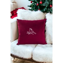 Empressco Yılbaşı Noel Temalı Beyaz Kardinal Kuş Nakışlı Dekoratif Kırlent Kılıfı