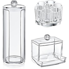 3'lü Akrilik Makyaj Organizer Seti, Makyaj Seti, Pamukluk, Ruj'luk, Kulak Çubuğu Kutusu