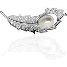 Oya Silver Incili Gümüş Tüy Broş 5.5x1.7cm [oya-Br-7]