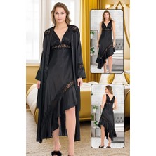 Nightlove Lady Siyah Kollaru Dantel Detaylı Uzun 2 Li Siyah Saten Sabahlık Takımı