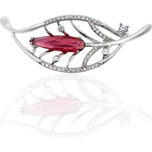 Oya Silver Pembe Zirkon Taşlı Yaprak Gümüş Broş 4.9x1.7cm [OYA-BR-001]