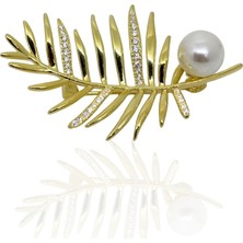 Oya Silver Incili Taşlı 24K Altın Kaplama Gümüş Yaprak Broş 4.9x2.7cm [oya-Br-5]