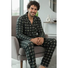 Siyah Somon Ekose Desenli önden Düğmeli Elegant Erkek pijama takımı