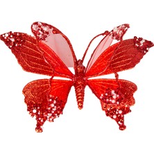Herdekora Kelebek Figürü, Simli, Kırmızı - Beyaz Inci Detaylı, Kıskaçlı, 24X9 C