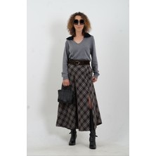 Zelish My Sister Siyah Kahve Kemerli Yırtmaçlı Ekose Etek