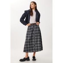 Kemerli Kareli Midi Poliviskon Etek LRG0047 Lacivert