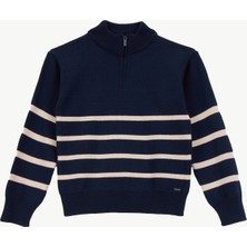 Jeep Fermuarlı Yaka Relaxed Çizgili Bej - Lacivert Erkek Çocuk Kazak J5WB-KZK7799