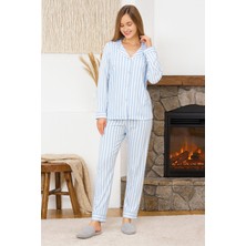 Remsa Kadın Çizgili Desen Suprem Pijama Takımı 0492 MAVI01