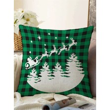 Empressco Yeşil Ekose Noel Baba ve Geyikleri Renkli Modern Örme Yastık Kılıfı