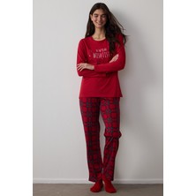 Penti Kırmızı NY Wishlist Ekoseli Pamuklu Uzun Kollu Pijama Takımı