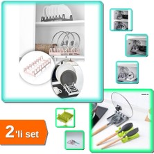 Hereveoyuncak Tencere Kapağı Organizeri 6 Bölmeli + Çok Amaçlı Kaşık Altlığı Kepçe Kapak Tutucu - 2li Set J4G1L7