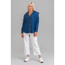 Bold & Young Kadın Pamuklu Denim Kumaş Kol Yırtmaç Düğmeli Büyü Yaka Kot Gömlek