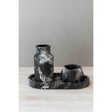 Hbnc Mermer Desenli Dekoratif Vazo & Mumluk Seti – 3’lü Şık Tepsi Takımı