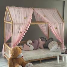 Miniden Toz Pembe Çift Perdeli Montessori Yatak Cibinliği