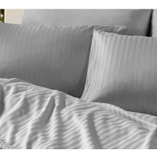 Taç Otel Konsept Çizgili % 100 Pamuk Saten Gri Renk 2 'li Yastık Kılıfı
