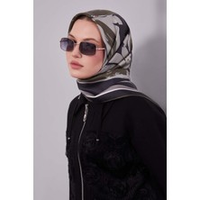 Lêvi D'or Gri Çiçek Desen Twill Ipek Esarp