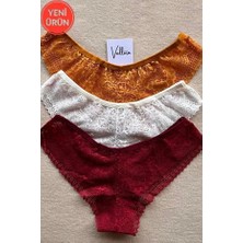 Vellora Kadın Iç Çamaşırı Brazillian Stil Dantelli Lace Set Kadın Şık ve Rahat Tanga Külot 3'lü Set