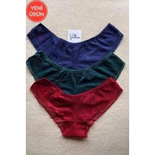 Vellora Kadın Iç Çamaşırı Brazillian Stil Dantelli Lace Set Kadın Şık ve Rahat Tanga Külot 3'lü Set