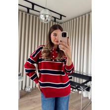 Sue Store Kırmızı Polo Yaka Lacivert Çizgili Oversize Kazak