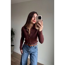 Sue Store Kahverengi Önü Düğmeli Gömlek Yaka Kazak