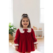 Aysskids Valery Kız Bebek Kırmızı Kadife Uzun Kollu Özel Gün Bayramlık Elbise