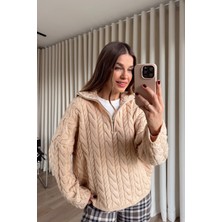 Sue Store Pudra Fermuarlı Saç Örgü Kazak