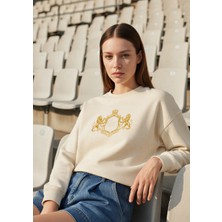 Bej Bisiklet Yaka Şardonlu Baskılı Oversize Sweatshirt