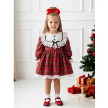 Aysskids Alessi Kız Çocuk Yılbaşı Uzun Kol Tütü Prenses Ekoseli Vintage Elbise