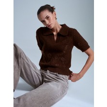 Dilvin 10829 Nakışlı Kısa Kollu Kazak-Kahve