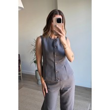 Sue Store Gri Ahşap Düğmeli Pileli Yelek Pantolon Keten Takım