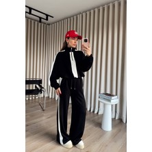 Sue Store Siyah Beyaz Şerit Detaylı Fermuarlı Oversize Modal Eşofman Takımı