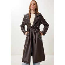 My Lunessa Kuşaklı Astarlı Deri Uzun Trenç Pardesü