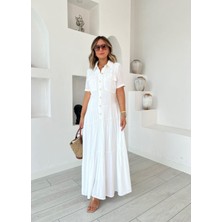 Etiler Collection Kadın Dokuma Kumaş Cep Detaylı Maxi Boy Gömlek Elbise