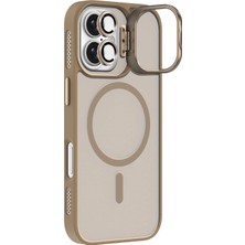 Kzy Apple iPhone 17 Lens Hediyeli Kapak Kamera Korumalı Wireless Şarj Özellikli Standlı Premium Kılıf - Çöl Titanyum