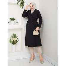 Zennyamoda Kadın Siyah Kuşaklı ve Fermuar Detaylı Trençkot