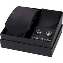 Esgue 8 cm Hand Made Siyah Saten Kravat Mendil & Kol Düğmesi & Kravat Maşası Hediye Seti HSET:113