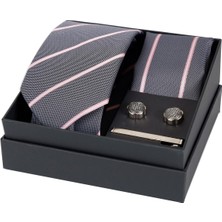 Esgue 8 cm Hand Made Gri Pembe Çizgili Kravat Mendil & Kol Düğmesi & Kravat Maşası Hediye Seti HSET:116