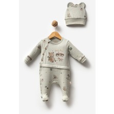 By Bubbles %100 Organik Pamuk Sürücü Ayı Erkek Bebek Şapkalı Patikli Tulum