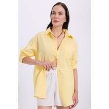 Tudors Kadın Oversize Geniş Kesim %100 Pamuk Müslin Kumaş Uzun Kollu Cepli Dokulu Sarı Gömlek