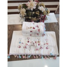 A.Z.H. (3.lü Set) 50X90 cm Kuş ve Çiçek Nakışlı Püsküllü Kadife Doku Lüks Havlu Seti