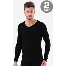 Arma Yıldız Erkek Siyah V Yaka Uzun Kollu Fanila Badi %100 Pamuk Ribana 2'li Paket