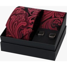 Esgue 8 cm Hand Made Bordo Siyah Şal Desen Kravat Mendil & Siyah Kare Kol Düğmesi  Hediye Seti HSET:108