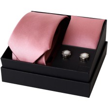 Esgue 8 cm Hand Made Pembe Saten Kravat Mendil & Kol Düğmesi Hediye Seti HSET:111