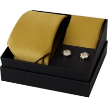 Esgue 8 cm Hand Made Saten Gold Renk Kravat Mendil & Kol Düğmesi Hediye Seti HSET:132